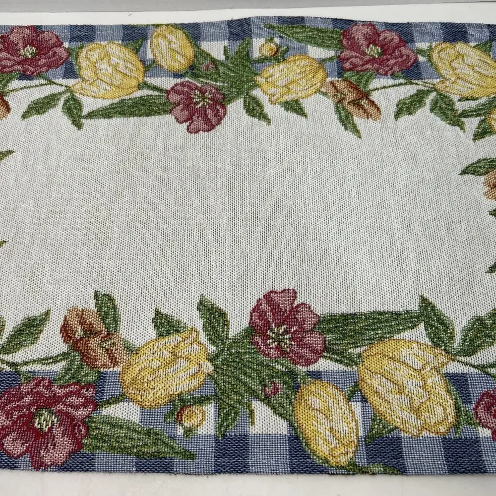 Tulip Flowers Blue White Checked Border Woven Tapestry 19